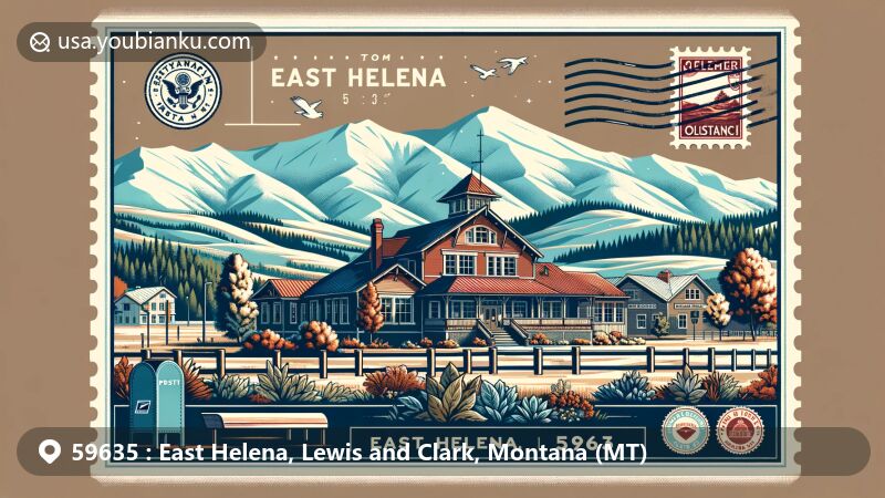Modern illustration of Kleffner Ranch in East Helena, Montana, showcasing historic architecture and rural landscape with Elkhorn Mountains in the background.