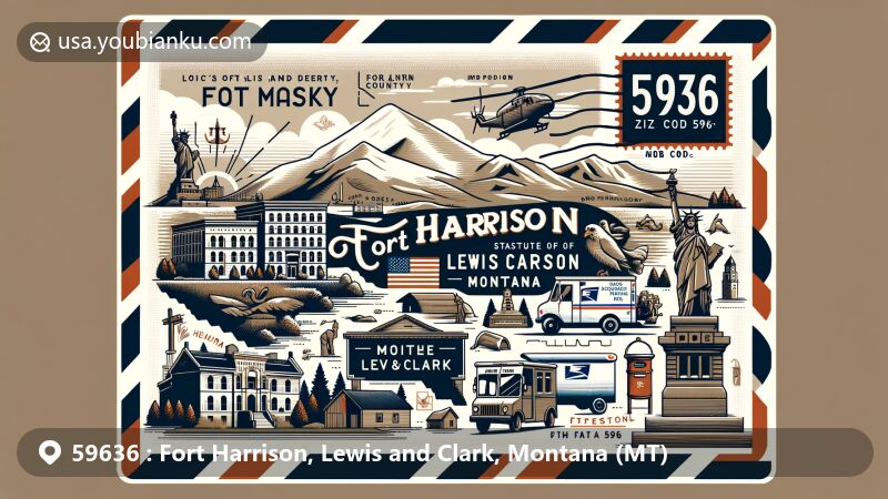 Modern illustration of Fort Harrison, Lewis and Clark County, Montana, highlighting airmail envelope design for ZIP code 59636, featuring Fort William Henry Harrison, Lewis and Clark statues, and Montana state flag.