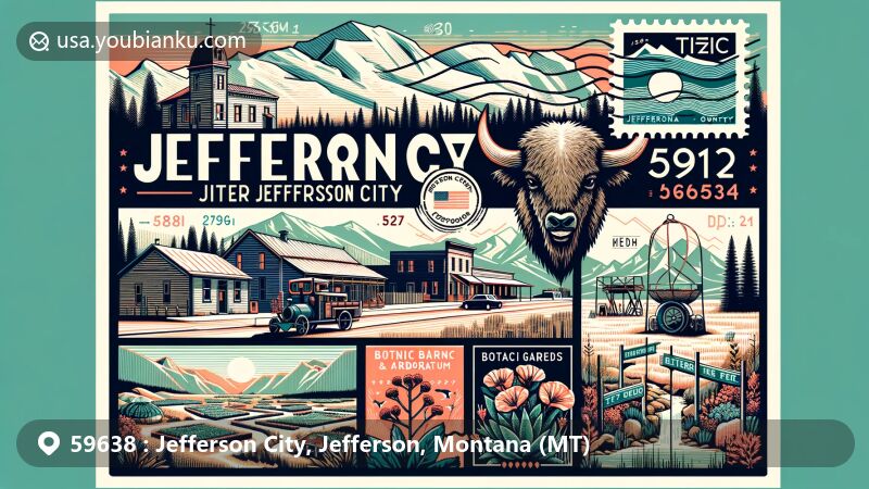 Modern illustration of Jefferson City, Jefferson County, Montana, featuring Elkhorn Ghost Town, Tizer Botanic Gardens and Arboretum, and postal elements for ZIP Code 59638.