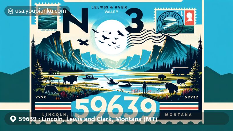 Modern illustration of Blackfoot River Valley near Lincoln, Montana, highlighting scenic beauty and ZIP code 59639 with Lewis and Clark expedition elements.