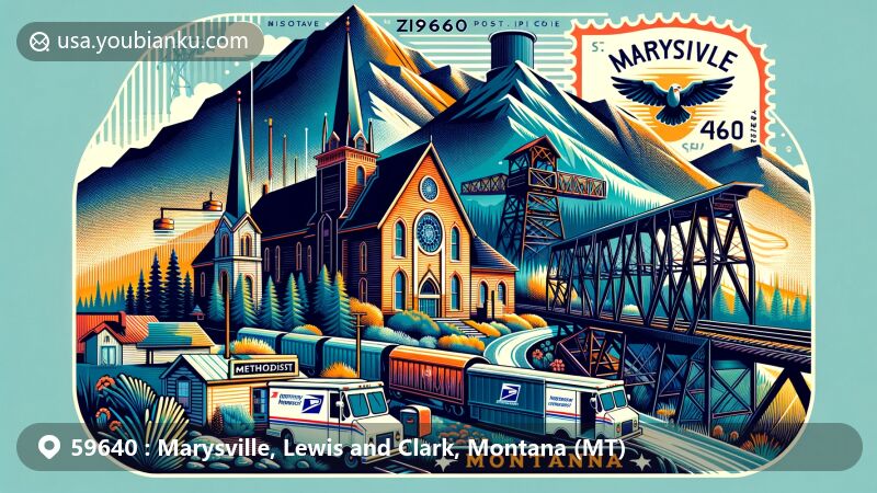 Vibrant illustration of Marysville, Montana in ZIP Code 59640, showcasing Drumlummon Mine, Methodist Episcopal Church, and historic train trestle bridge against picturesque mountain landscape, seamlessly integrated with postal elements like postage stamp, postmark, ZIP Code, mailbox, and postal van.