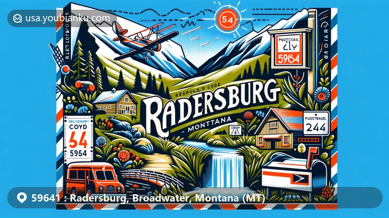 Modern illustration of Radersburg, Montana, showcasing postal theme with ZIP code 59641, featuring Elkhorn Mountains, Crow Creek Trail waterfall, and Myrna Loy symbol.
