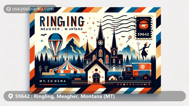 Artistic depiction of Ringling, Meagher, Montana, showcasing ZIP code 59642 with St. John's Catholic Church and Crazy Mountains, incorporating elements of Ringling Brothers Circus.