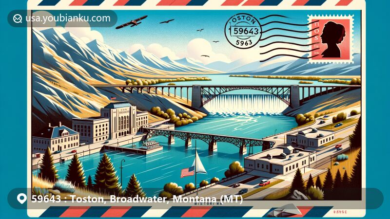 Modern illustration of Toston Bridge and Toston Dam in Toston, Broadwater County, Montana, featuring vintage postcard design with ZIP code 59643 against the backdrop of the Missouri River.