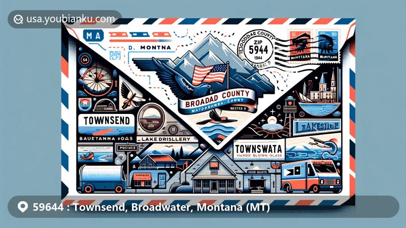 Modern illustration of Townsend, Broadwater County, Montana, showcasing postal theme with ZIP code 59644, featuring landmarks like Broadwater County Museum, Lakeside Distillery, and Goose Bay Handblown Glass.
