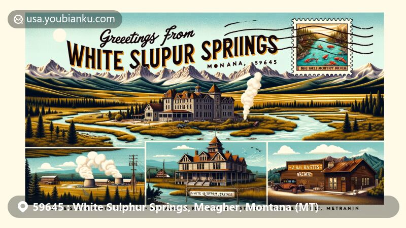 Modern illustration of White Sulphur Springs, Meagher, Montana, featuring picturesque landscape and cultural landmarks like Castle Museum, Spa Hot Springs, Red Ants Pants Music Festival, and 2 Basset Brewery.