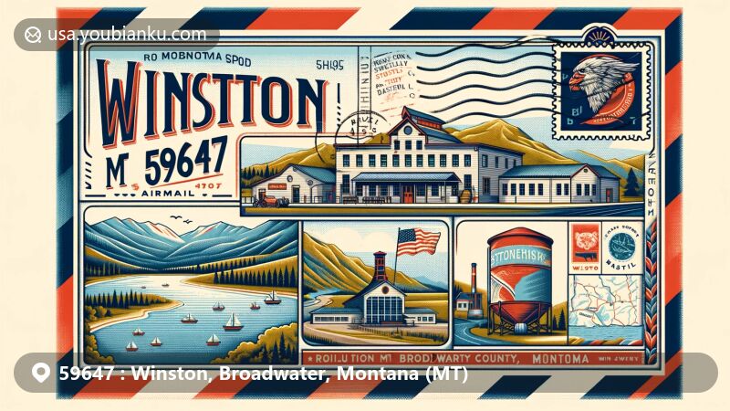Vintage postcard design for Winston, Broadwater County, Montana, featuring Stonehouse Distillery, Elkhorn Mountains, Canyon Ferry Lake, Montana state flag, Broadwater County outline, and airmail envelope theme.