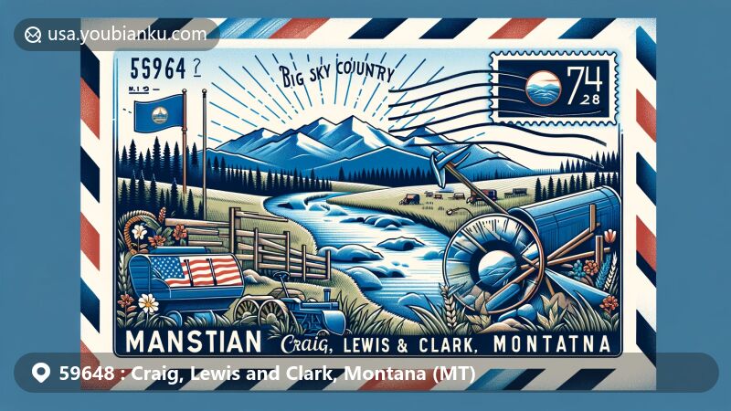 Modern illustration of Craig, Lewis and Clark, Montana, representing ZIP code 59648 with postcard and air mail envelope motif, featuring Montana state flag and scenic elements like river, mountains, forests, and a plow.
