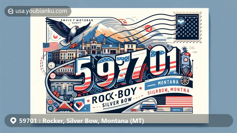Modern illustration of Rocker, Silver Bow County, Montana, with postal theme and ZIP code 59701, featuring Montana state symbols and local landmarks.