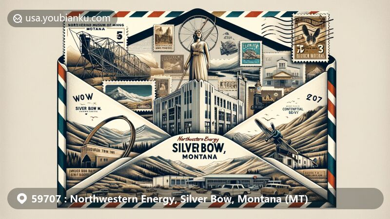 Illustration of ZIP code 59707 in Northwestern Energy, Silver Bow, Montana, featuring vintage airmail envelope showcasing iconic images of Silver Bow, including World Museum of Mining, Silver Bow Twin Drive-In Movie Theater, Lady of the Rockies statue, Rocky Mountains, and Continental Divide, with vintage postage stamps highlighting local culture and history.