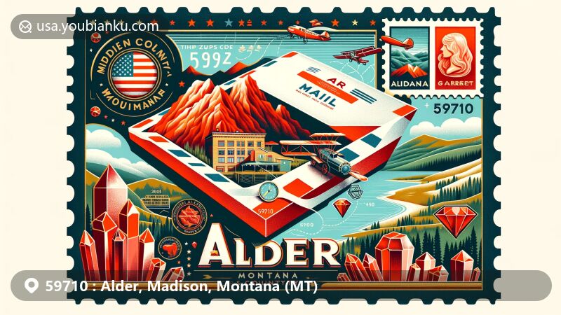 Modern illustration of Alder, Madison County, Montana, showcasing postal theme with ZIP code 59710, featuring Red Rock Mine and Montana garnets.