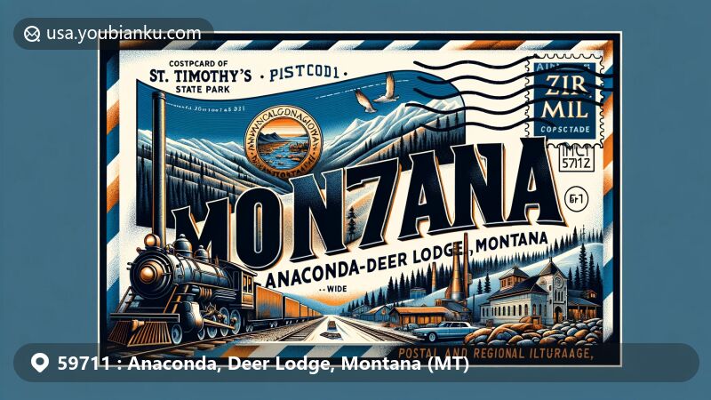 Modern illustration of Anaconda-Deer Lodge, Montana, highlighting postal theme with ZIP code 59711, featuring Montana state flag, Anaconda Smoke Stack State Park, St. Timothy's Chapel, and copper mining history.