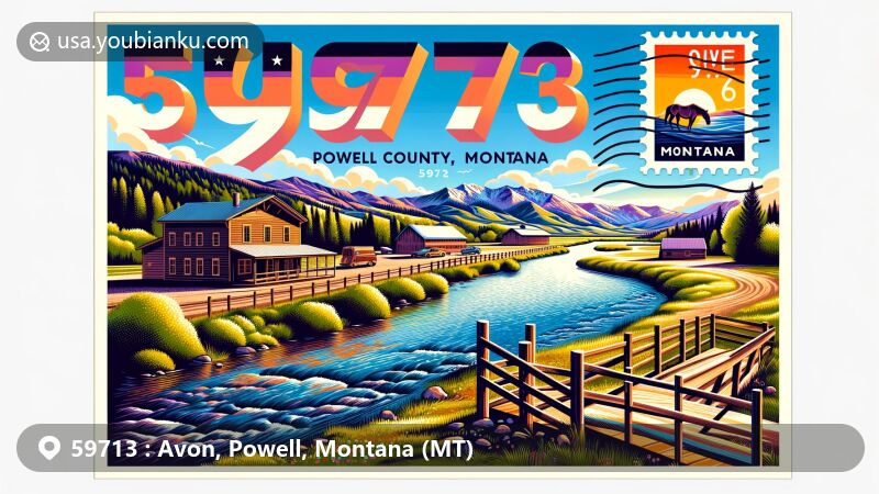 Modern illustration of Avon, Powell County, Montana, featuring scenic Little Blackfoot River and Fitzpatrick Ranch Historic District on the left, ZIP Code 59713 and Montana state flag on the right.