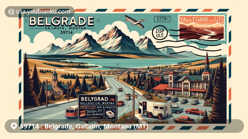Modern illustration of Belgrade, Gallatin, Montana, highlighting ZIP code 59714, featuring Northern Pacific Railroad and Belgrade Grain and Produce Company, with Bridger Mountains and Yellowstone River in the background.
