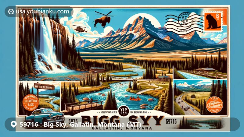 Vibrant illustration of Big Sky, Gallatin County, Montana, highlighting Grand Prismatic Hot Spring, Gallatin River, and Beehive Basin Trail, with Lone Peak and postal elements, showcasing outdoor beauty and adventure in ZIP code 59716.