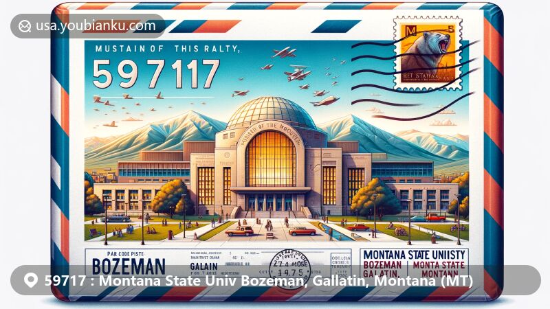 Modern illustration of Bozeman, Montana, featuring airmail envelope with ZIP code 59717, showcasing Museum of the Rockies, Montana State University, and Mount Baldy 'M'.