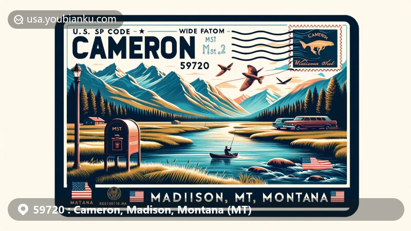 Modern illustration of Cameron, Madison County, Montana, resembling a vintage postcard with elements symbolizing Montana, featuring mountains, the Madison River known for fly fishing, state flag, and postal theme.