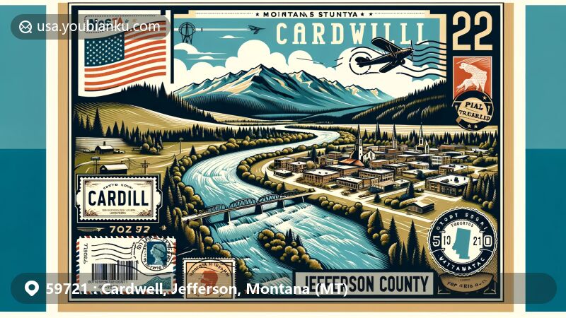 Modern illustration of Cardwell, Jefferson County, Montana, featuring Jefferson River and state symbols, with ZIP code 59721 and vintage postal elements.