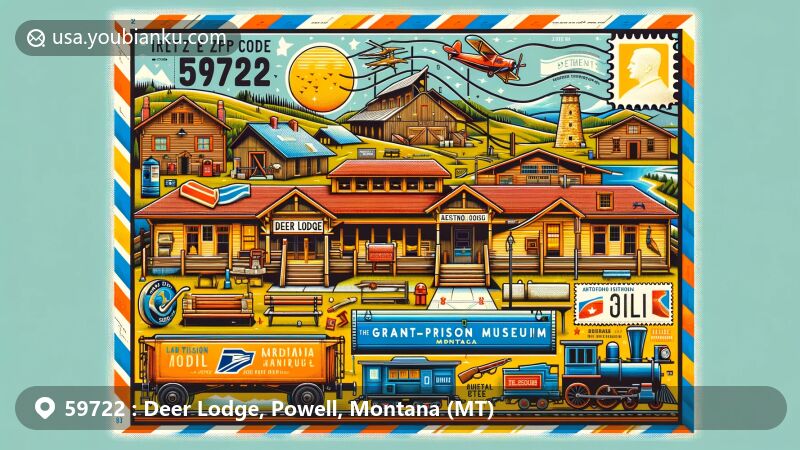Modern illustration of Deer Lodge, Montana, highlighting postal theme with ZIP code 59722, featuring Grant-Kohrs Ranch, Old Prison Museum, 'Little Joe' locomotive, and Montana State Prison, and incorporating postal elements like stamps, postmark, mailbox, and mail truck.