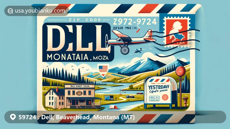 Modern illustration of Dell, Montana, showcasing postal theme with ZIP code 59724, featuring Big Sheep Creek Byway, Yesterday's Café, Red Rock River, and postal elements.