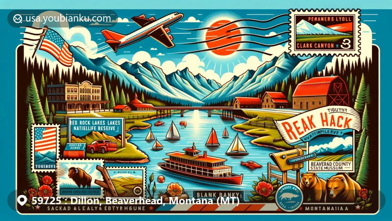 Modern illustration of Dillon, Montana, with a postal theme, featuring landmarks like Red Rock Lakes National Wildlife Refuge, Clark Canyon Reservoir, Pioneer Mountains Scenic Byway, and cultural icons such as Beaverhead County Museum and Bannack State Park.