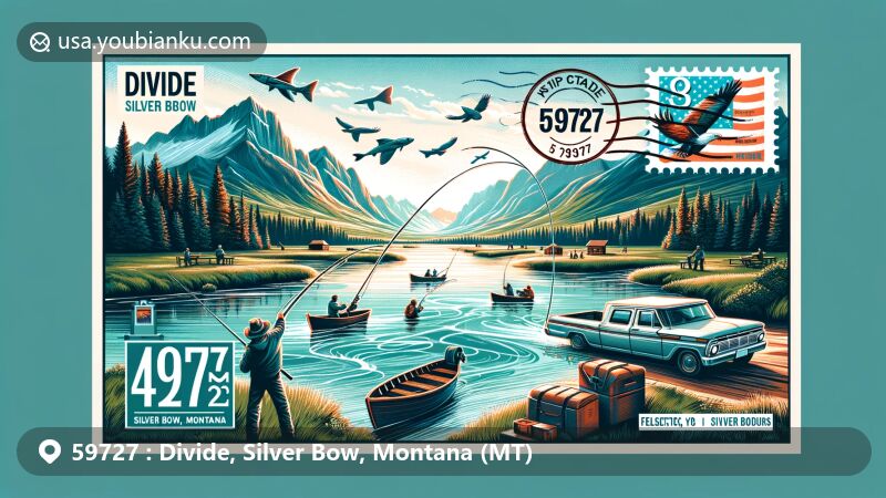 Modern illustration of Divide, Silver Bow, Montana, showcasing landscape with Continental Divide, Big Hole River fishing scene, airmail envelope, and Montana state flag.