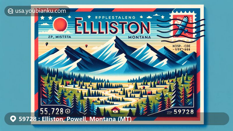Modern illustration of Elliston, Montana (MT), highlighting mountains, forests, and state symbols with ZIP code 59728, featuring postcard design with stamps, postmark, and vibrant colors.