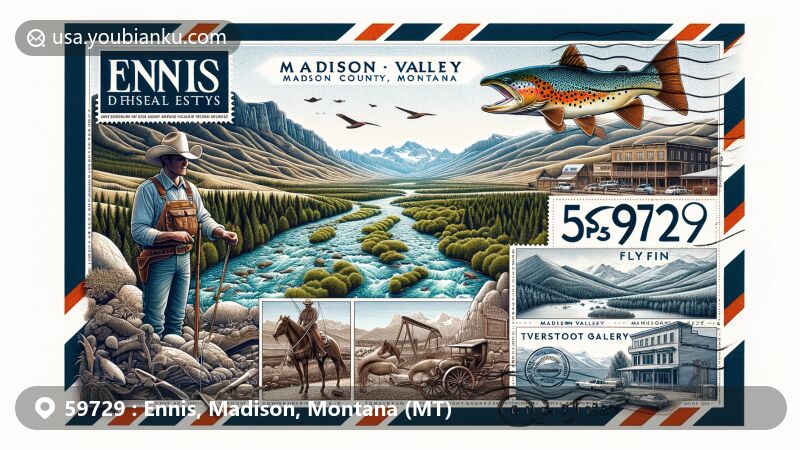Creative illustration of Ennis, Madison County, Montana, depicting airmail envelope with Madison River, mountain ranges, trout fishing, cowboy culture, and historical references, emphasizing ZIP code 59729.