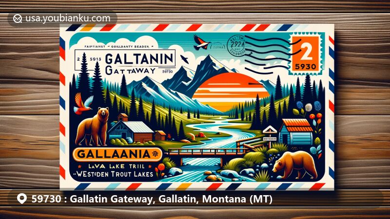 Modern illustration of Gallatin Gateway, Gallatin, Montana, representing ZIP code 59730 with postcard design, showcasing scenic views from Lava Lake Trail and Golden Trout Lakes Trail, and Montana state symbols.