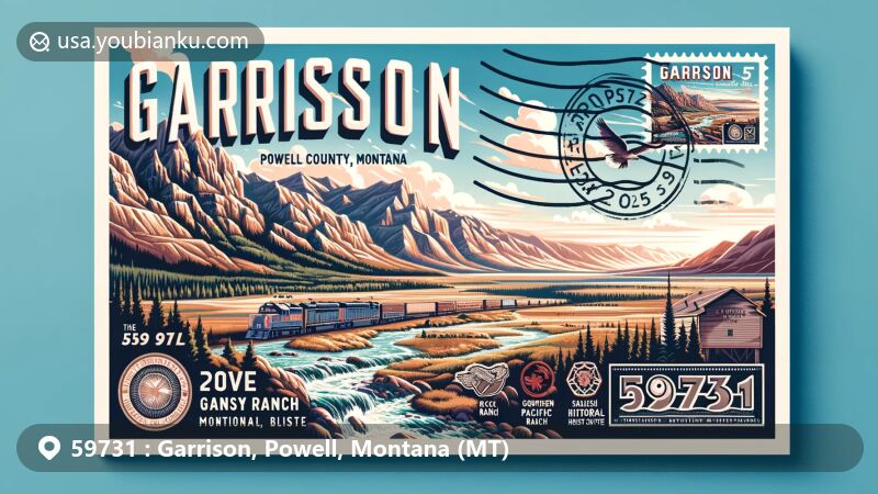 Modern illustration of Garrison, Powell County, Montana, inspired by postal theme with ZIP code 59731, highlighting landmarks like Garrison Junction and Grant-Kohrs Ranch National Historic Site.