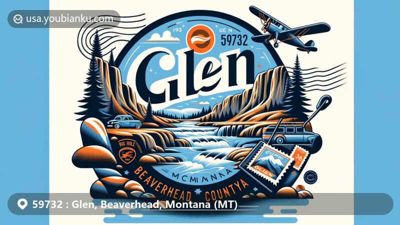 Modern illustration of Glen, Beaverhead County, Montana, highlighting ZIP code 59732, featuring Big Hole and Beaverhead rivers, and Beaverhead Rock State Park.