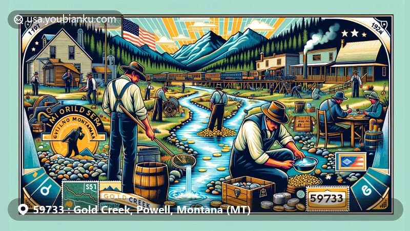 Historical illustration of Gold Creek, Powell, Montana, depicting 19th-century gold miners panning for gold by a creek, with Montana state flag and postal elements like a postage stamp and postmark.