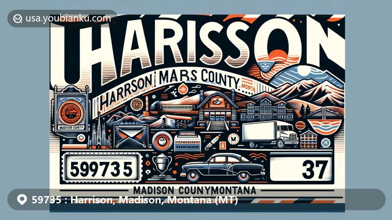 Modern illustration of Harrison, Madison County, Montana, centered on postal theme for ZIP code 59735, featuring Montana state flag, Madison County outline, and local landmarks.
