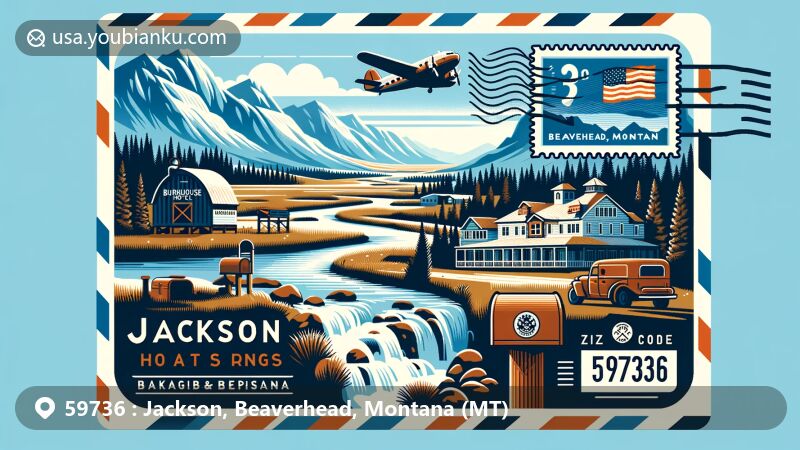 Modern illustration of Big Hole Valley, Jackson Hot Springs, and Bunkhouse Hotel in Beaverhead, Montana, featuring stamp, postmark, mailbox, and postal vehicle.
