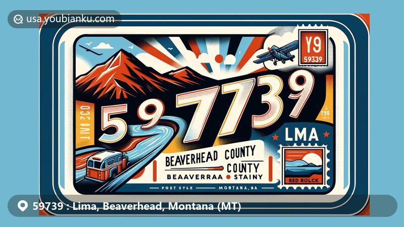 Vintage-style illustration of Lima, Beaverhead County, Montana, with airmail theme and ZIP code 59739, featuring Red Rock River and Montana state flag.