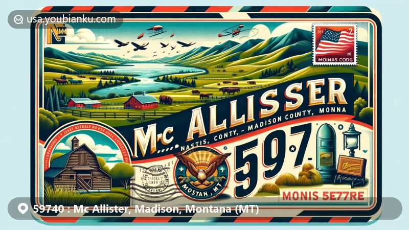 Modern illustration of Mc Allister, Madison County, Montana, featuring rural landscape, Ennis Lake, ranches, and postal theme with Montana state flag stamp, '59740 Mc Allister, MT' postmark, and vintage mailbox.
