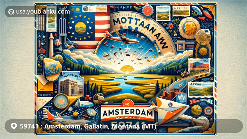 Modern illustration of Amsterdam, Gallatin County, Montana, with postal theme featuring postcards, airmail envelopes, stamps, and postmarks, highlighting Gallatin County's natural beauty and Bozeman Yellowstone International Airport, incorporating Montana state flag with state seal.