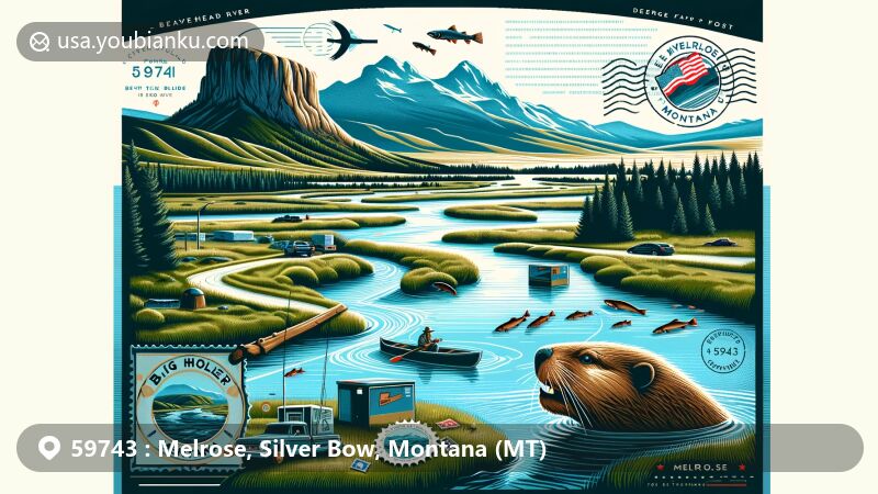 Vivid illustration of Melrose, Montana, highlighting natural beauty with Big Hole River, Beaverhead Rock, and Beaverhead-Deerlodge National Forest, integrated with trout fishing theme and postal elements.