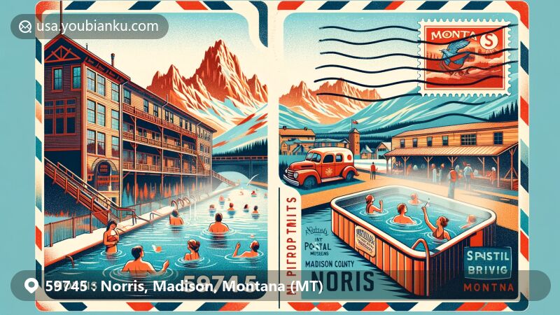 Vibrant illustration of Norris, Madison County, Montana, with a postcard theme showcasing Norris Hot Springs, Tobacco Root Mountains, and local museums, framed with a vintage airmail envelope and postal symbols.