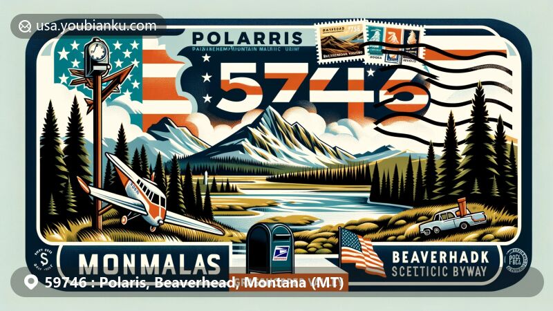 Modern illustration of Polaris, Beaverhead County, Montana, featuring postal theme with ZIP code 59746, including postcard design and American mailbox, set against backdrop of Beaverhead National Forest.