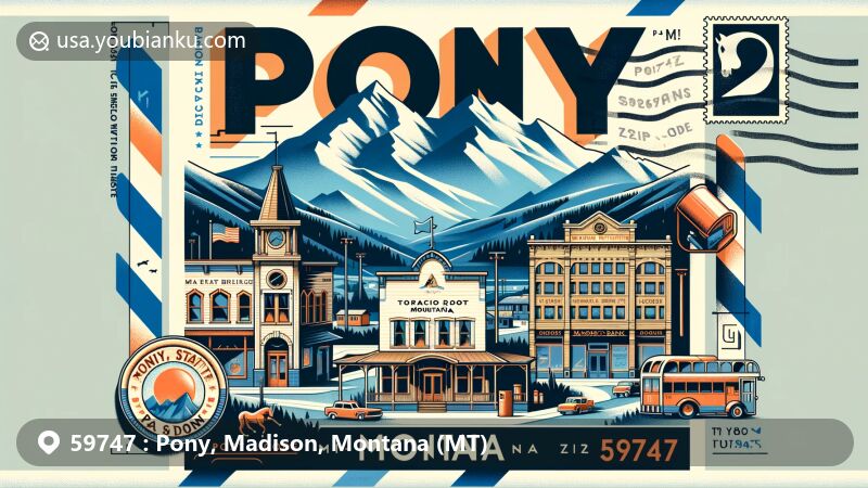 Modern illustration of Pony, Montana, ZIP code 59747, resembling a vintage postcard with Tobacco Root Mountains, historic buildings from gold-mining era, and postal elements like stamp and mailbox.