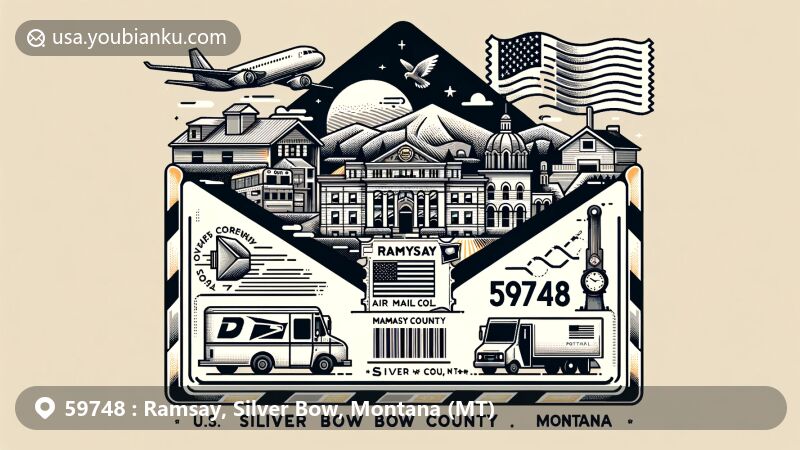 Modern illustration of Ramsay, Silver Bow County, Montana, inspired by air mail envelope theme with ZIP code 59748, featuring Silver Bow County outline and local landmark.