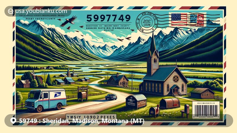 Modern illustration of Sheridan, Madison County, Montana, capturing the essence of ZIP Code 59749, highlighting Christ Episcopal Church and Rectory, Ruby Valley, Tobacco Root Mountains, Highland Mountains, Ruby River, with vintage postcard theme.