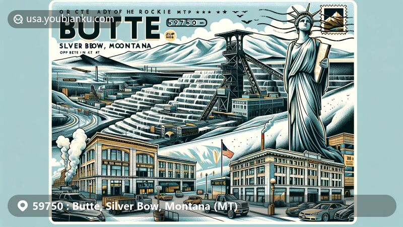 Modern illustration of Butte, Silver Bow, Montana (MT), featuring Berkeley Pit, Our Lady of the Rockies statue, mining headframes, Clark Chateau Museum, and postal elements with ZIP code 59750.