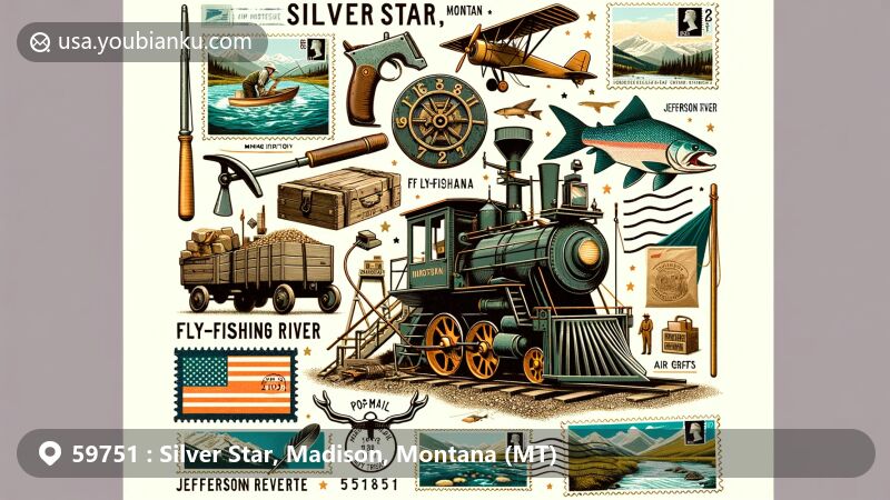 Modern illustration of Silver Star, Montana, blending mining history and fly-fishing culture with postal elements, showcasing the Jefferson River and artisanal charm, featuring mining tools and airmail theme.