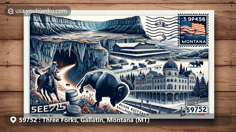 Modern illustration of Three Forks, Montana, highlighting ZIP code 59752 with regional and postal elements, featuring Lewis & Clark Caverns State Park, Three Forks Rodeo, Sacajawea Hotel, and Madison Buffalo Jump State Park.