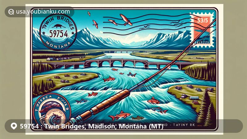 Modern illustration of Twin Bridges, Montana, capturing the essence of the location with vibrant postcard design featuring the convergence of Big Hole, Beaverhead, and Ruby Rivers forming the Jefferson River, fly-fishing rod, and scenic backdrop of Tobacco Root, Highland, and Pioneer Mountains.