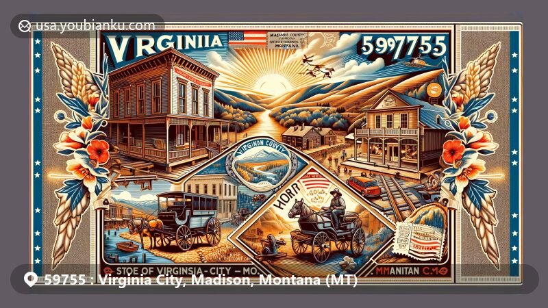 Vintage-style illustration of Virginia City, Madison County, Montana, showcasing postal theme with ZIP code 59755, featuring historic landmarks, gold rush era buildings, and mining heritage.
