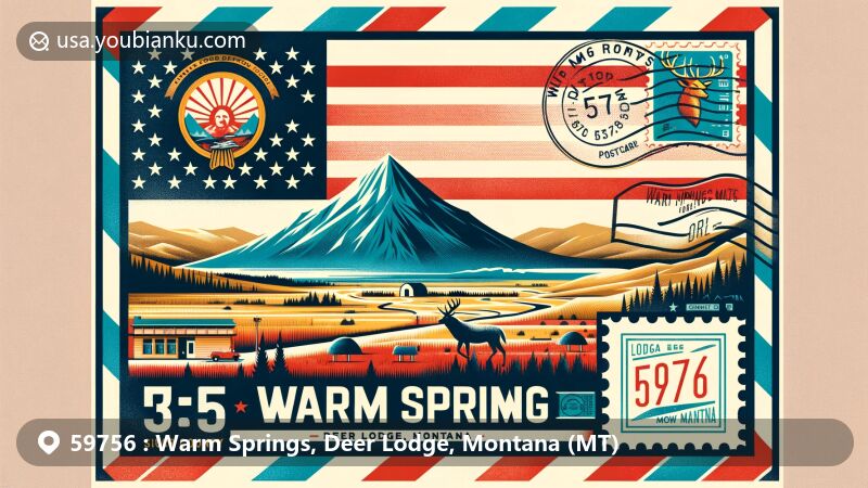 Vibrant modern illustration of ZIP code 59756, Warm Springs, Deer Lodge, Montana, featuring Montana state flag, Deer Lodge County map silhouette, Warm Springs Mound, vintage postal elements, and clear ZIP code 59756 display.