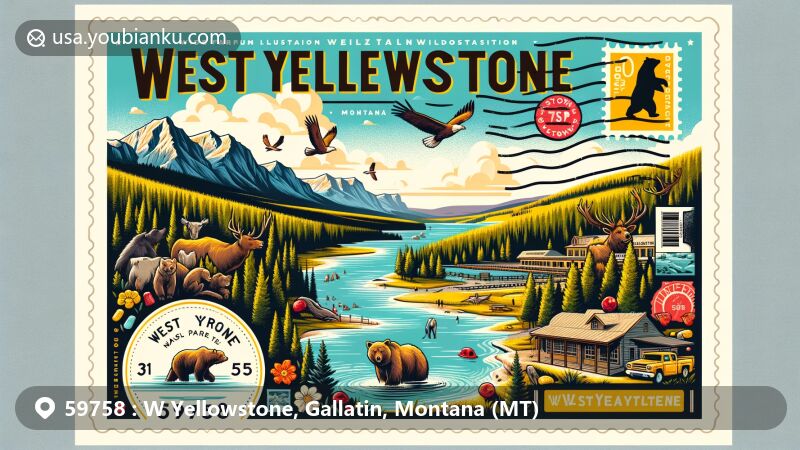 Modern illustration of West Yellowstone, Montana, highlighting Yellowstone National Park, Hebgen Lake, and Grizzly and Wolf Discovery Center, with postal elements and ZIP code 59758.